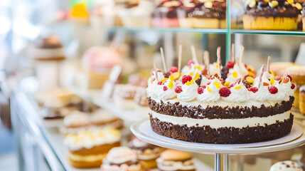 Poster - Assorted Gourmet Cakes in Bakery Display With Colorful Decorations : Generative AI