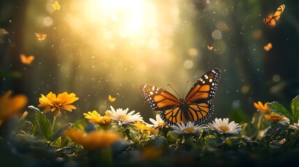 Poster - Stunning close up photograph of a monarch butterfly delicately resting on a vibrant flower in a sunlit meadow with a dense forest in the background providing a serene and picturesque setting
