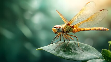 Poster - Closeup photograph of a beautiful dragonfly resting peacefully on a vibrant green leaf with a blurred forest landscape providing a serene backdrop