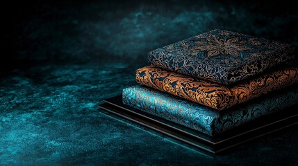 Poster - Three harmoniously stacked kanok pattern fabrics artistic setting textile display serene environment close-up view