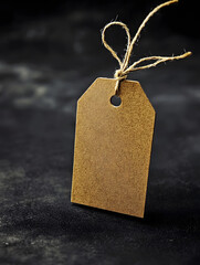 Aufkleber - Blank brown kraft paper tag with string rope on dark textured background for rustic styling : Generative AI