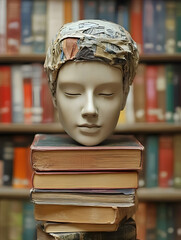 Poster - Artistic Sculpture Head on Books in Library Setting for Knowledge and History : Generative AI