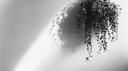 Canvas Print - Monochrome hanging plant casting shadows on minimalist white wall