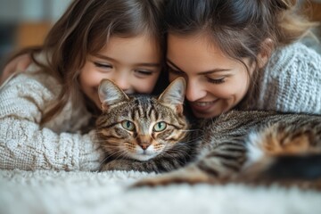 Wall Mural - warm moments shared between a mother, daughter, and their cat in a cozy living room