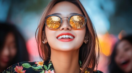 Wall Mural - Woman with sunglasses on her face is smiling. She is wearing a black floral dress and a yellow shirt