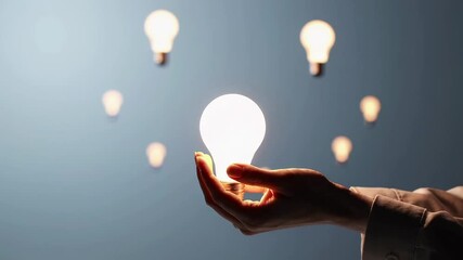 Poster - Female professional delicately holding glowing illuminated light bulb, symbolizing innovative business concept against softly radiant blue gradient backdrop