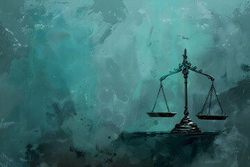 Poster - Artistic representation of a balanced scale symbolizing justice amidst a teal abstract background