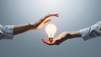 Aufkleber - Two businesswomen carefully hold and protect a brightly lit light bulb, isolated on a seamless gray backdrop, symbolizing the nurturing of a valuable idea