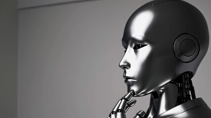 Poster - Silver robotic android thoughtfully resting metallic fingers against chin, contemplating technological concept with pensive expression on pristine white background during slow motion sequence