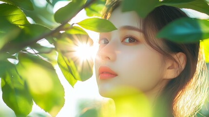 Canvas Print - Serene asian young female amidst sunlit leaves with soft expression