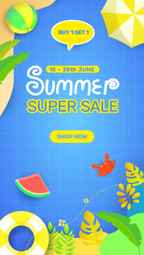 Vertical Happy summer super sale banner designs. Suitable for Horizontal posters, greeting cards, and website headers.