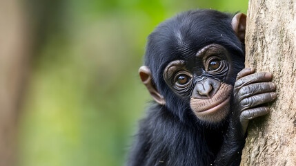 Poster - Adorable Baby Chimpanzee Peeking Playfully from Behind a Tree in its Natural Habitat : Generative AI