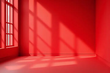 Poster - Wall interior background, studio and backdrops show products with shadow from window color Red background for text insertion and presentation product.
