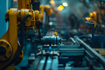 Poster - Industrial robots assembling components in a high-tech factory with blurred machinery in background