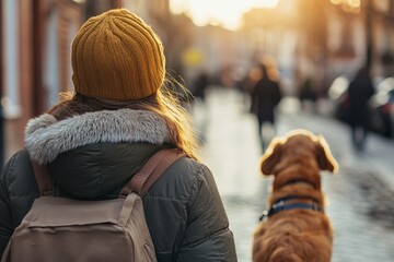 Woman walks with golden retriever dog on a city street during sunset