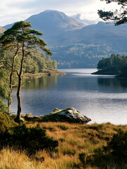 Poster - Scenic Mountain Lake Landscape with Lush Greenery and Serene Water Reflection : Generative AI