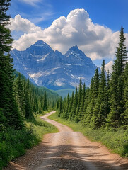 Aufkleber - Majestic Mountain Landscape with Forest and Winding Path Under Blue Skies and Fluffy Clouds : Generative AI