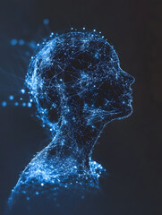 Poster - Futuristic Digital Human Head with Blue Neural Network Connections : Generative AI