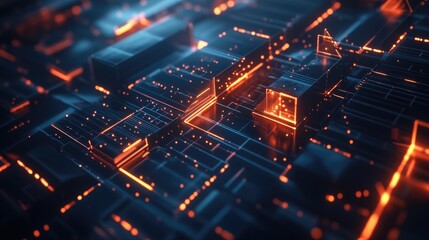 Poster - Abstract Digital Circuitry: Neon Glow and Dark Blue Hues