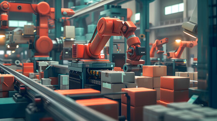 Poster - Industrial robot arms working efficiently in a modern warehouse, with boxes and machinery in the background