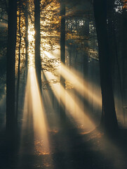 Poster - Sunlight Streaming Through Tall Forest Trees Creating Magical Atmosphere : Generative AI