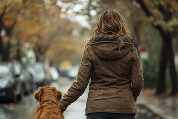 Woman walking a dog along a rainy street lined with trees in autumn