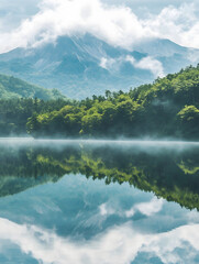 Poster - Serene Lake with Majestic Mountain Reflection and Misty Clouds in Scenic Nature : Generative AI