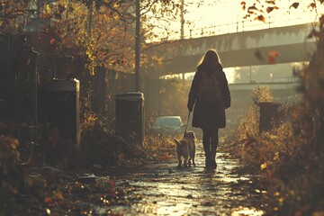 Poster - Evening stroll through a quiet urban path with a dog surrounded by autumn foliage