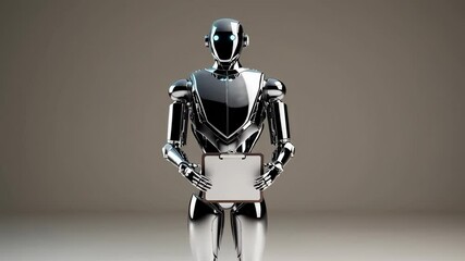 Poster - Chrome humanoid robot holding clipboard with blank paper, standing on uniform gray background, symbolizing technological innovation and data communication in slow motion digital rendering