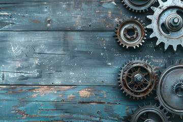Poster - Close-up of rusted gears on a weathered blue wooden surface, showcasing industrial texture and detail