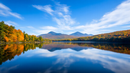 Poster - Pristine Autumn Lake Reflecting Mountains and Vibrant Fall Foliage Under Clear Sky : Generative AI