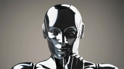 Poster - Metallic humanoid robot exhibiting human like contemplation, placing chrome finished hand near chin and reflecting against neutral gray background while moving in slow, deliberate motion