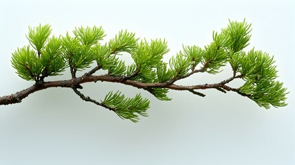 pine tree branch with green needles isolated on white background