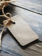 Poster - Rustic Textured Brown Paper Tag with String on Wooden Table Background for Labeling : Generative AI