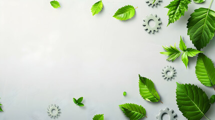 Poster - Fresh green leaves and gears arranged artistically on a clean surface, symbolizing nature and industry