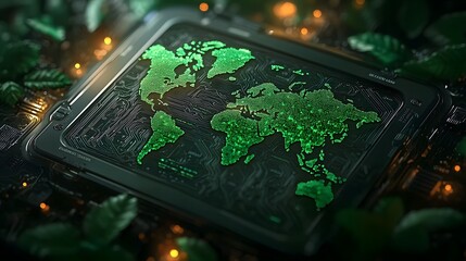 Poster - futuristic digital world map infographic with animated green pulsating zones representing active for