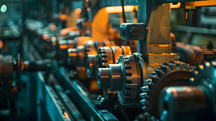 Poster - Industrial machinery with gears in a factory setting, showcasing production lines and workflow