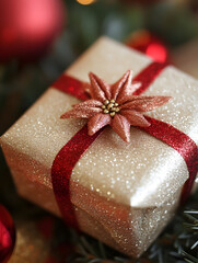 Aufkleber - Shimmering Gold Christmas Gift Box with Red Ribbon and Festive Decoration : Generative AI