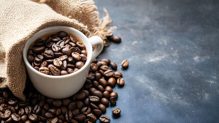 Poster - Aromatic coffee beans spilling from rustic sack onto dark textured surface : Generative AI