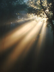 Poster - Natures Enchanting Sunbeams Pierce Through Forest Canopy : Generative AI