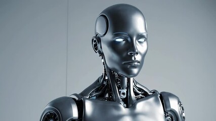 Poster - Sophisticated humanoid robot revealing intricate technological design, glowing eyes softly illuminating metallic surface while moving with precise, fluid mechanical grace