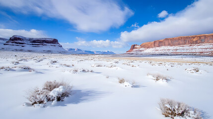 Poster - Scenic Snow Covered Desert Landscape Under Blue Sky with Unique Rock Formations for Nature and Travel : Generative AI