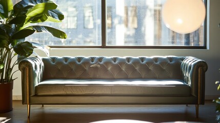 Wall Mural - Luxurious velvet sofa in emerald green enhancing a contemporary high rise living room with floor to ceiling windows