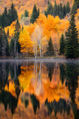 Poster - Autumn Foliage Reflection on Serene Lake with Vibrant Fall Colors and Forest Trees : Generative AI