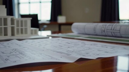 Poster - Architectural blueprints unfurling slowly across wooden surface, illuminating detailed design process with precise scale model showcasing engineering creativity in professional workspace