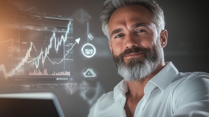 Poster - Man is sitting in front of a computer screen with a graph on it. He is smiling and looking at the camera