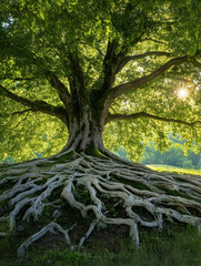 Poster - Majestic Old Tree with Expansive Roots in Lush Green Forest Setting : Generative AI