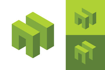 Poster - The image shows a flat monogram logo design of an initial letter M in green color that looks clean and sharp in 3D hexagon block on a white background