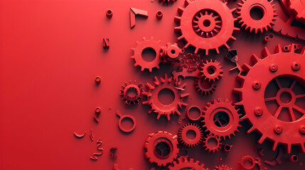 Poster - A collection of vibrant red gears scattered artistically on a contrasting red background