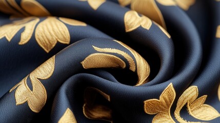 Aufkleber - Elegant Black Fabric with Golden Floral Pattern in Close-up Detail